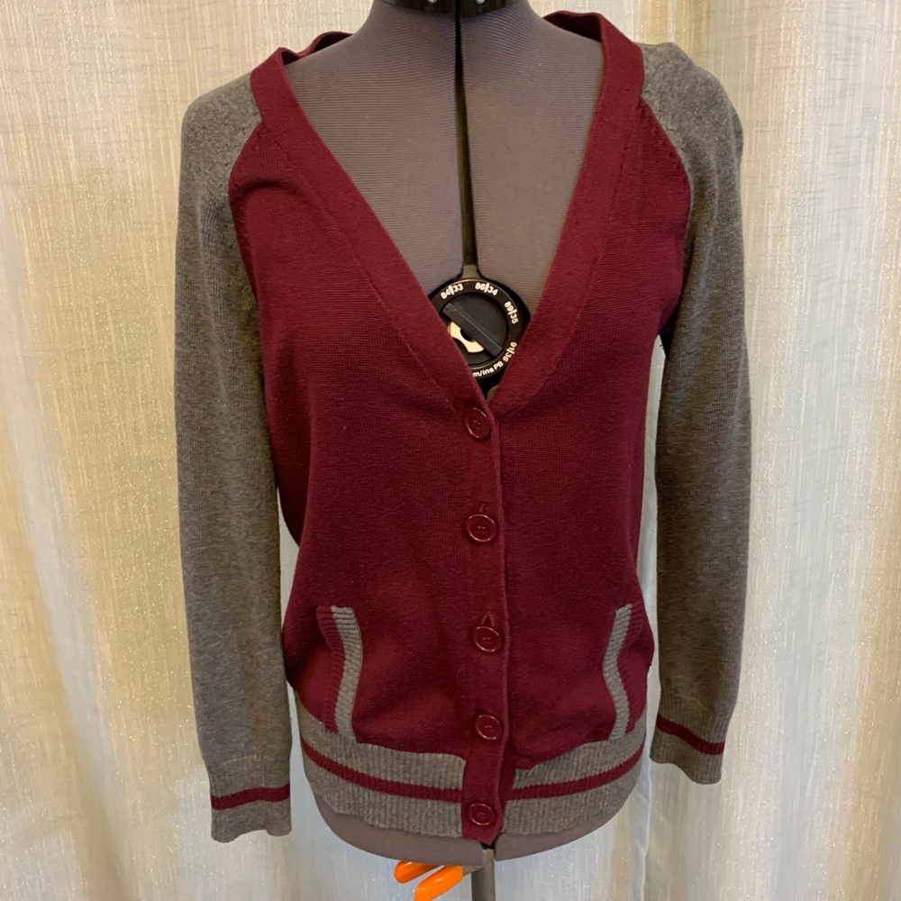 Heart~N Crush M Grey and Cranberry Cardigan